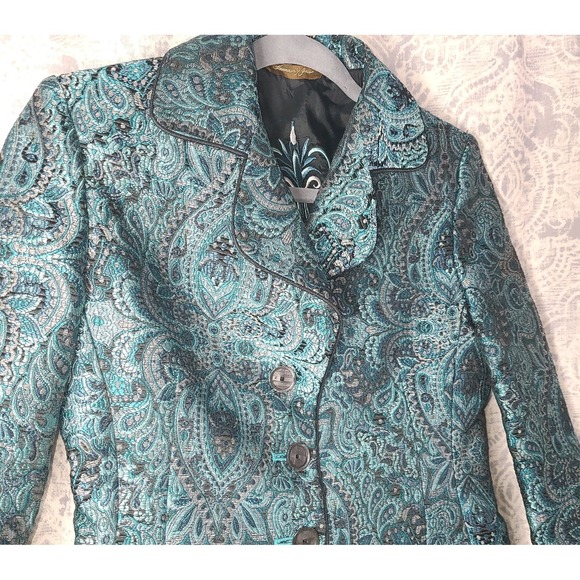 Hannah & Gracie Teal Paisley Textured Blazer Jacket Womens 0P Petite Cropped EUC - Picture 2 of 5